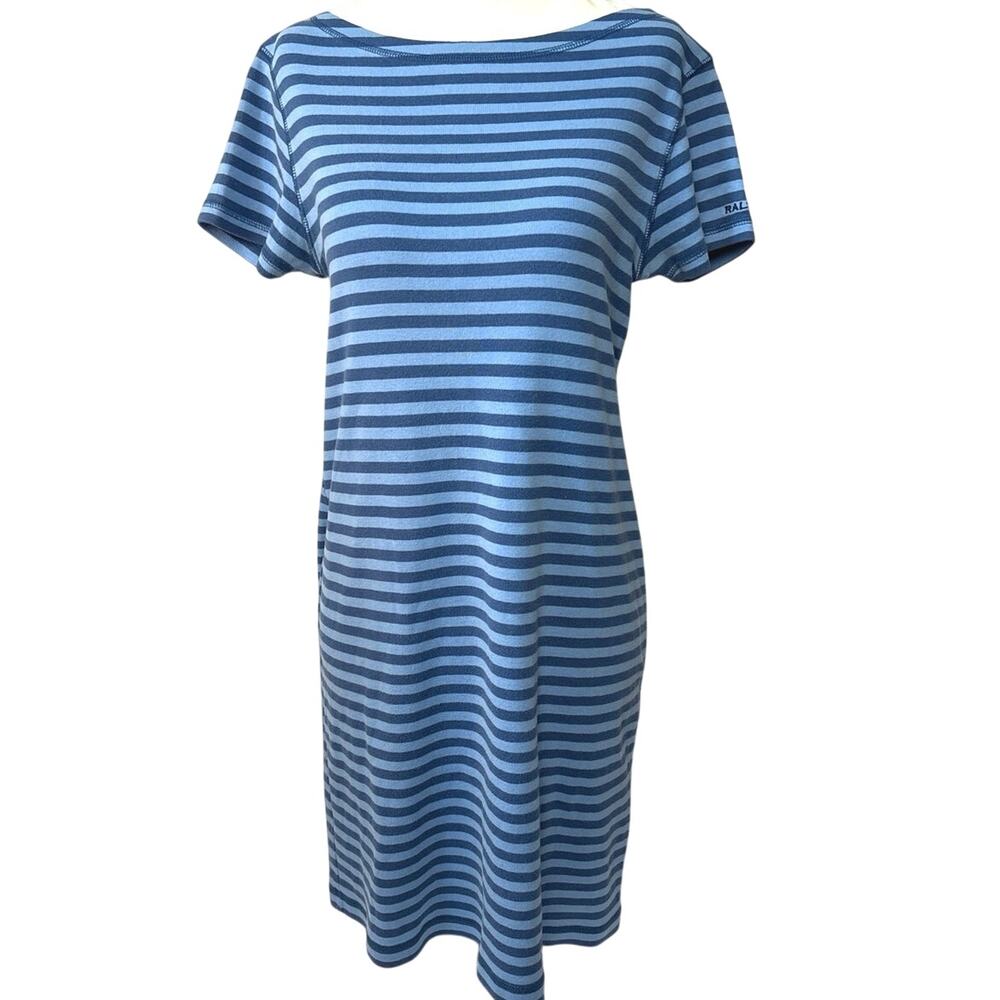 RALPH Ralph Lauren Blue Striped Boat Neck Collar Short Sleeve Cotton Dress Sz L
